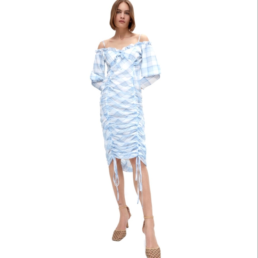 Uterque gauze/sheer ruched off shoulders with straps dress